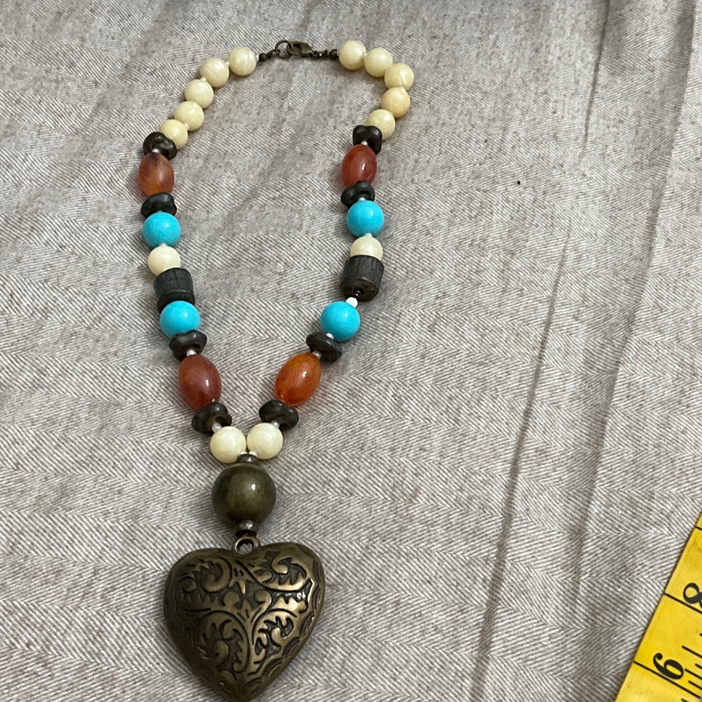 Handcrafted Turquoise & Ivory Beaded Necklace with Bronze Heart Pendant